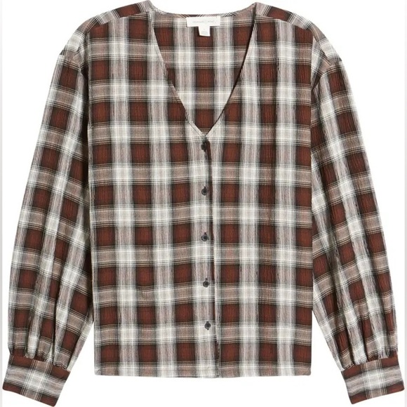 Treasure & Bond Tops - NWT Treasure & Bond Plaid V-Neck Button-Up Shirt Brown Ivory Plaid Long Sleeve L